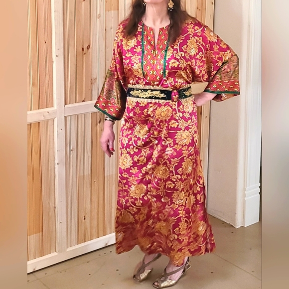 Vintage Oscar de La Renta Satin Caftan Dress Robe - Picture 2 of 8